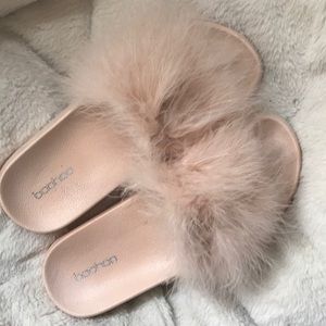 Pink fuzzy slides